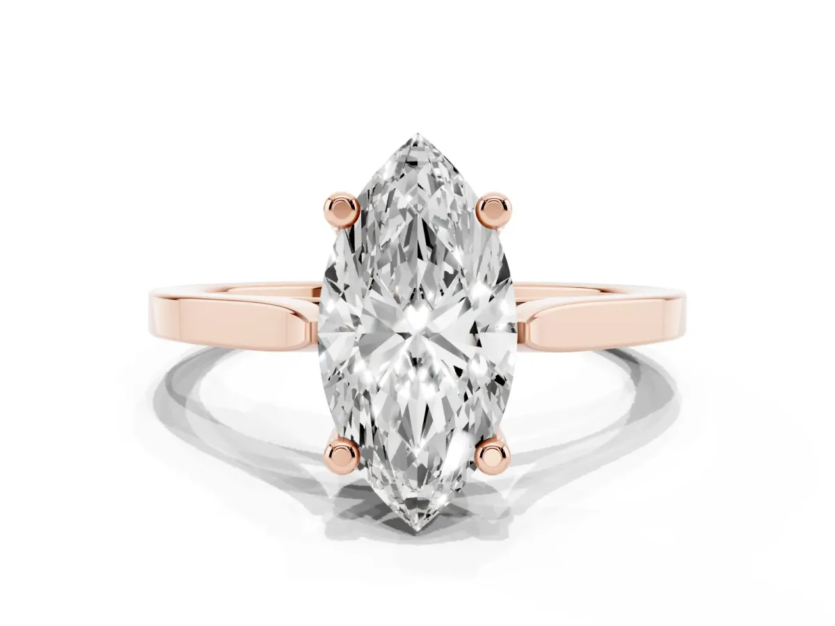 Marquise Cut Solitaire Diamond Ring with Four-Prong Setting and Tapered Band Rose gold