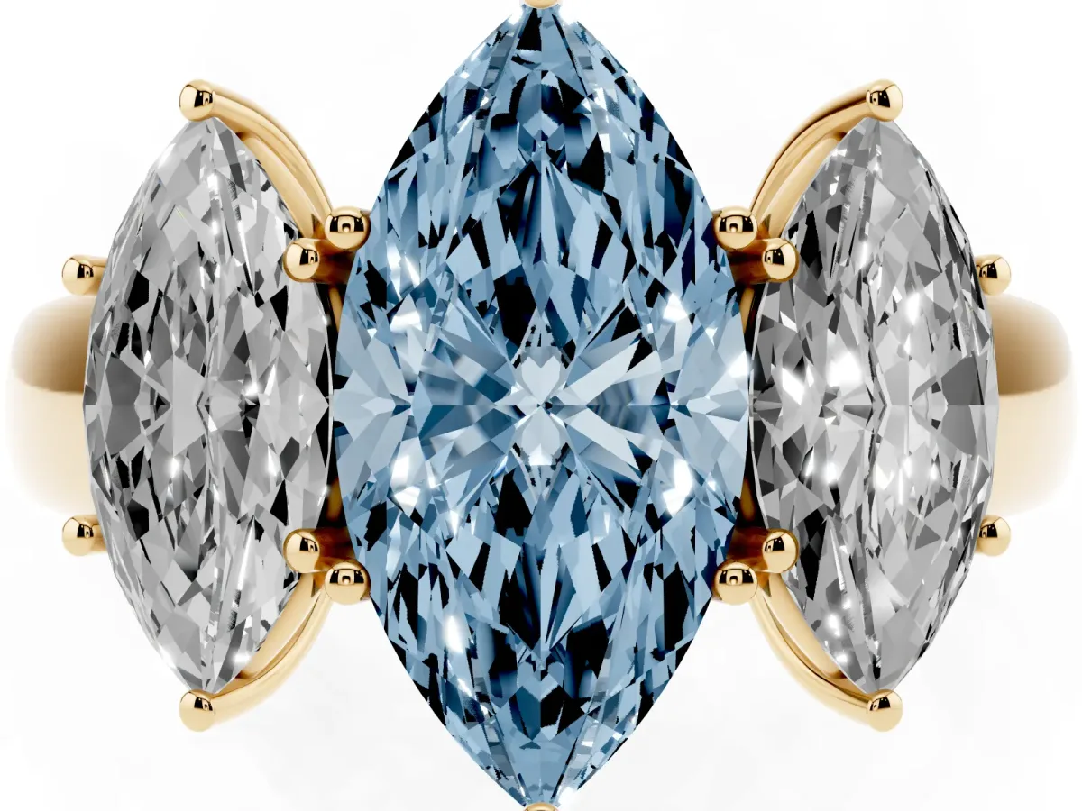 Fancy Blue Three-Stone Marquise Cut Cut Diamond Ring with Prong Setting and Classic Band Yellow gold