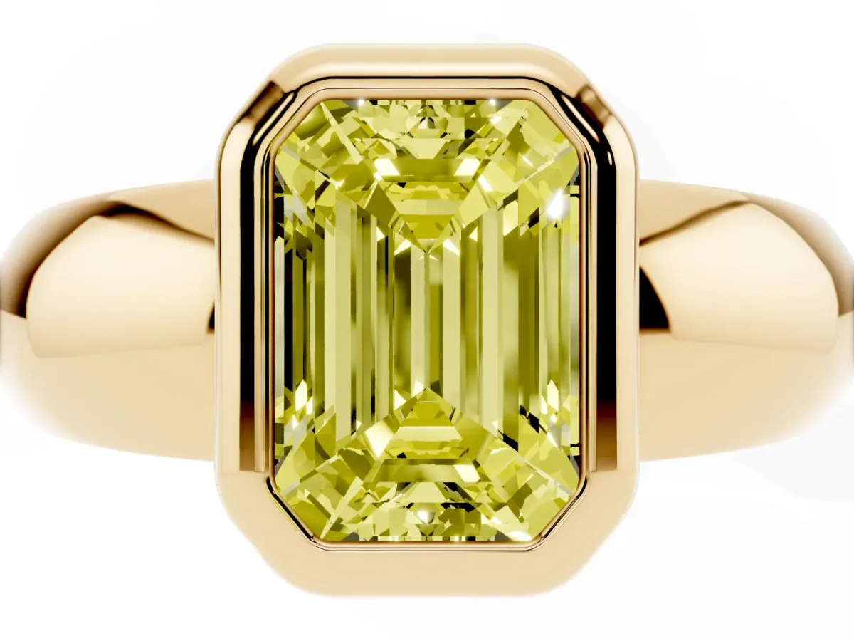 Fancy Yellow Bezel Set Emerald Cut Solitaire Ring with Wide Band Yellow gold