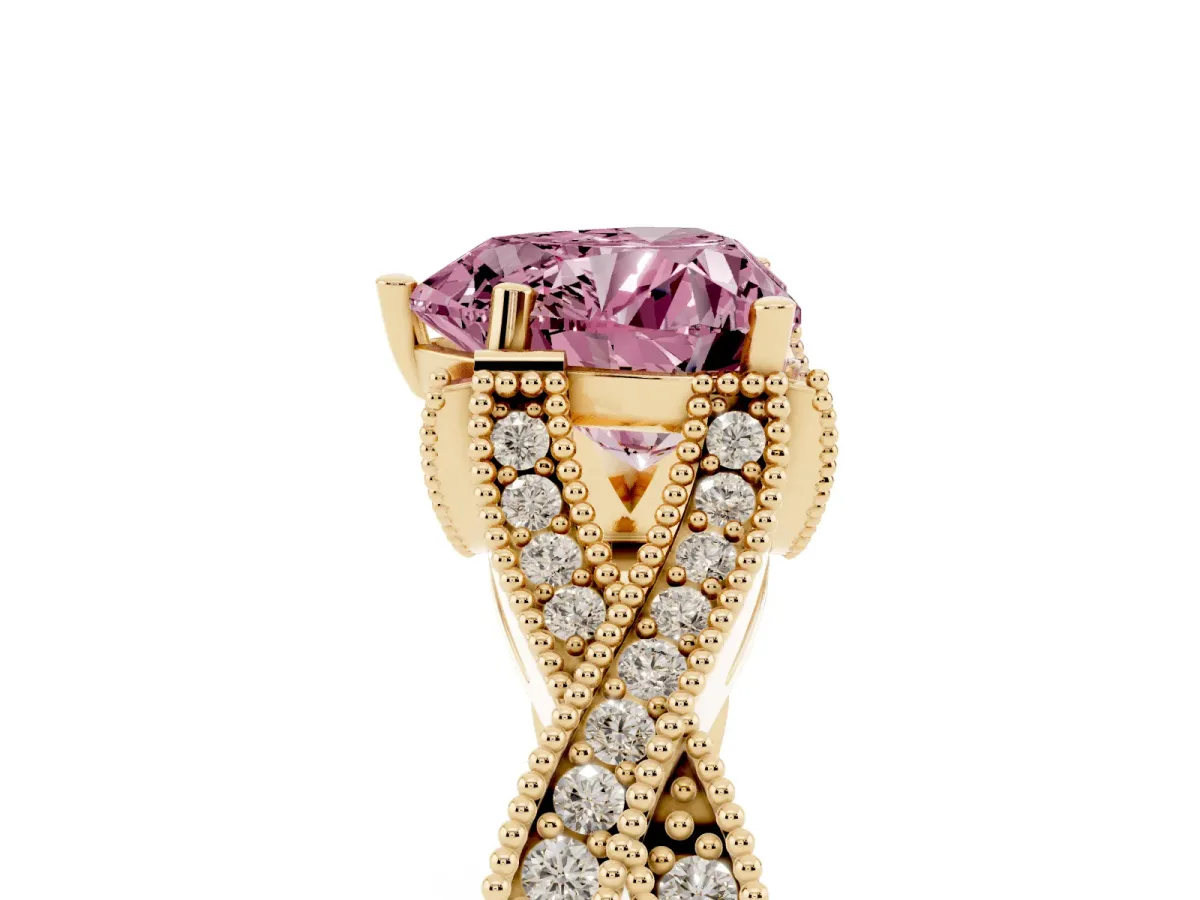 Fancy Pink Heart Cut Cut Diamond Twisted Band with Milgrain Pave Setting and Four-Prong Setting Yellow gold