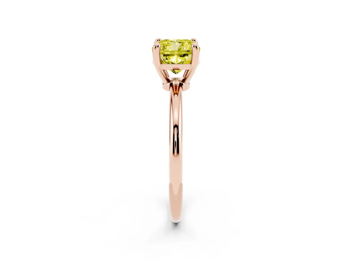 Fancy Yellow Cushion Cut Solitaire Diamond Ring with 4-Prong Setting on a Classic Band Rose gold