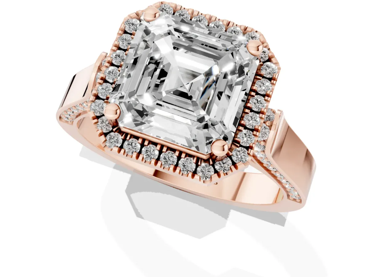 Asscher Cut Halo Pave Split Shank Prong Setting Ring Rose gold