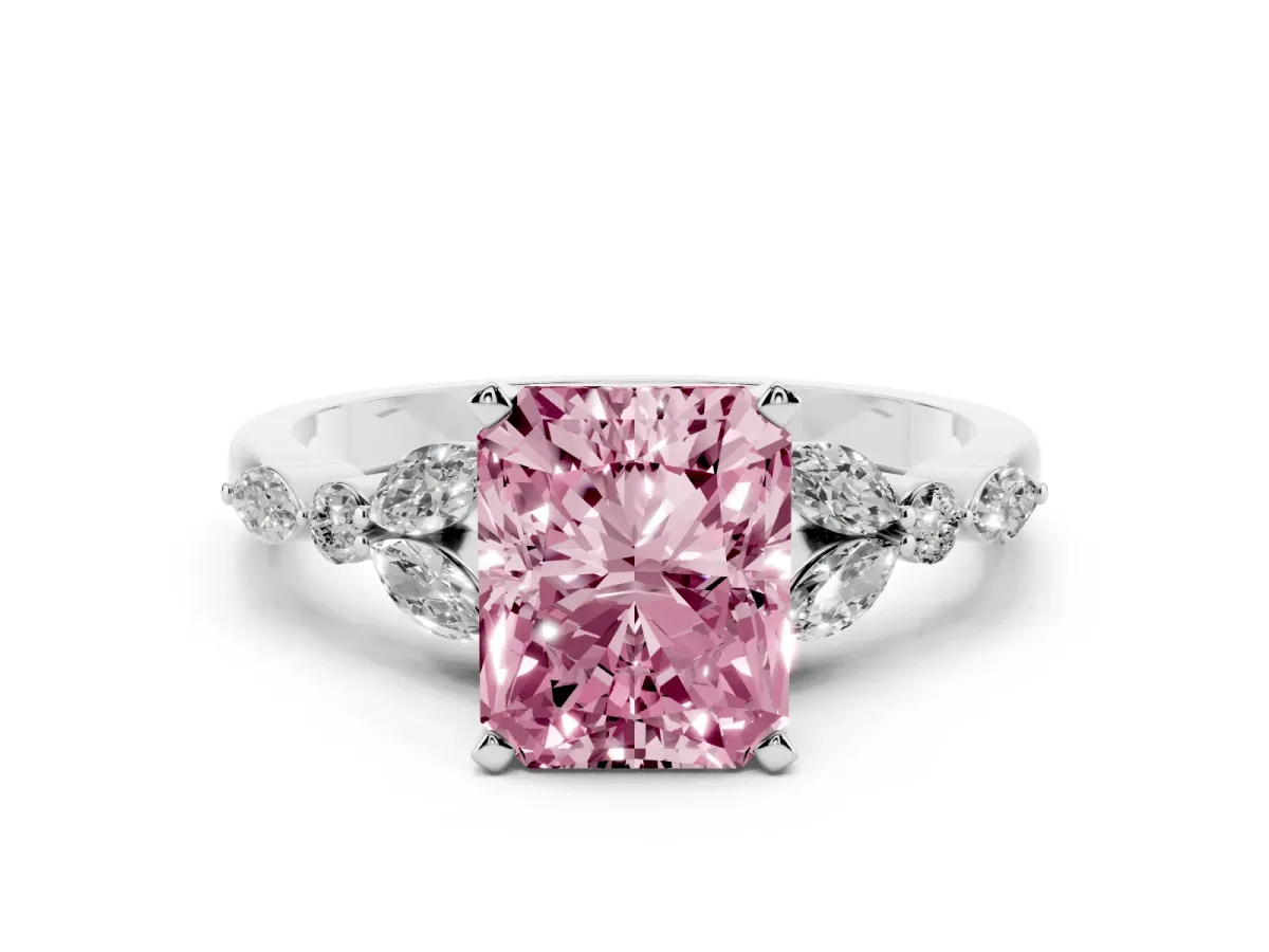 Fancy Pink Radiant Cut Diamond Solitaire Ring with Side Stones and Four-Prong Setting Silver