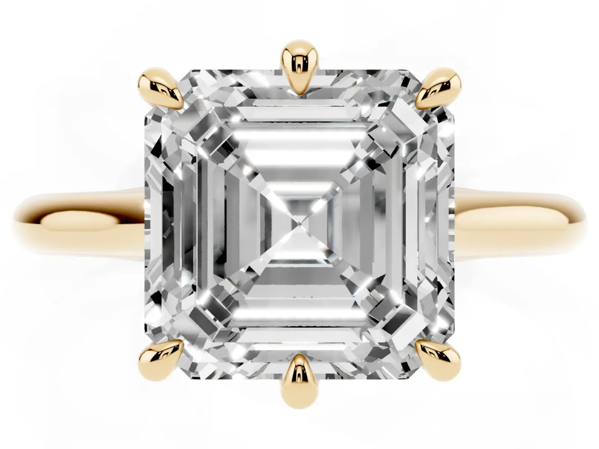 Asscher Cut Solitaire Engagement Ring with Six-Prong Setting and Classic Band Yellow gold
