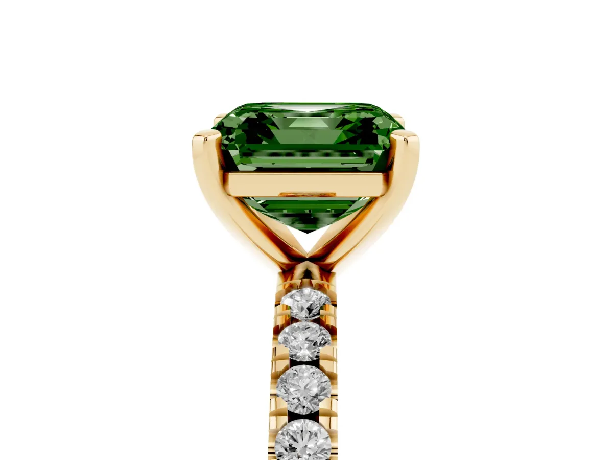 Fancy Green Asscher Cut Diamond Pavé Band Solitaire with Four-Prong Setting Yellow gold