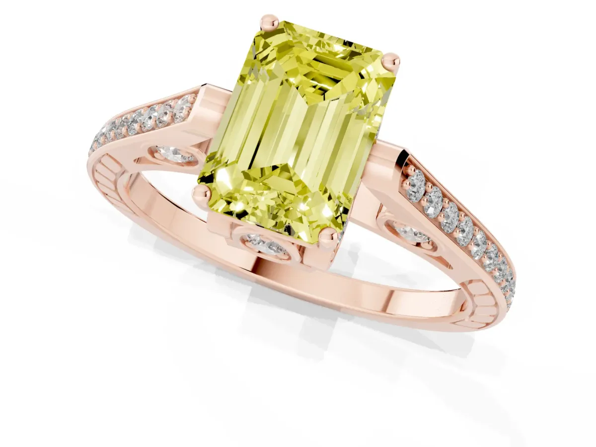 Fancy Yellow Emerald Cut Cut Cathedral Pave Diamond Engagement Ring with Six-Prong Setting Rose gold