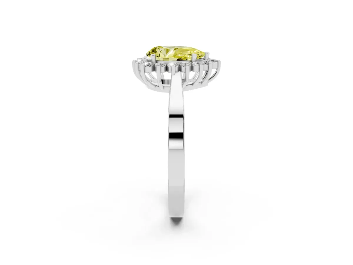 Fancy Yellow Pear Cut Cut Diamond Halo Ring with Round Brilliant Halo and Solitaire Band Silver