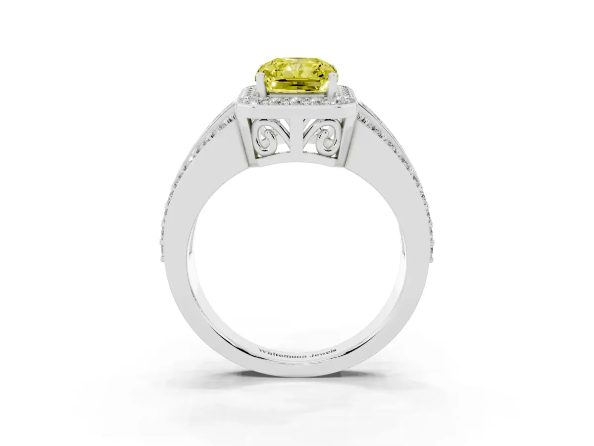 Fancy Yellow Radiant Cut Halo Diamond Ring with Round Split Shank and Prong Setting Silver