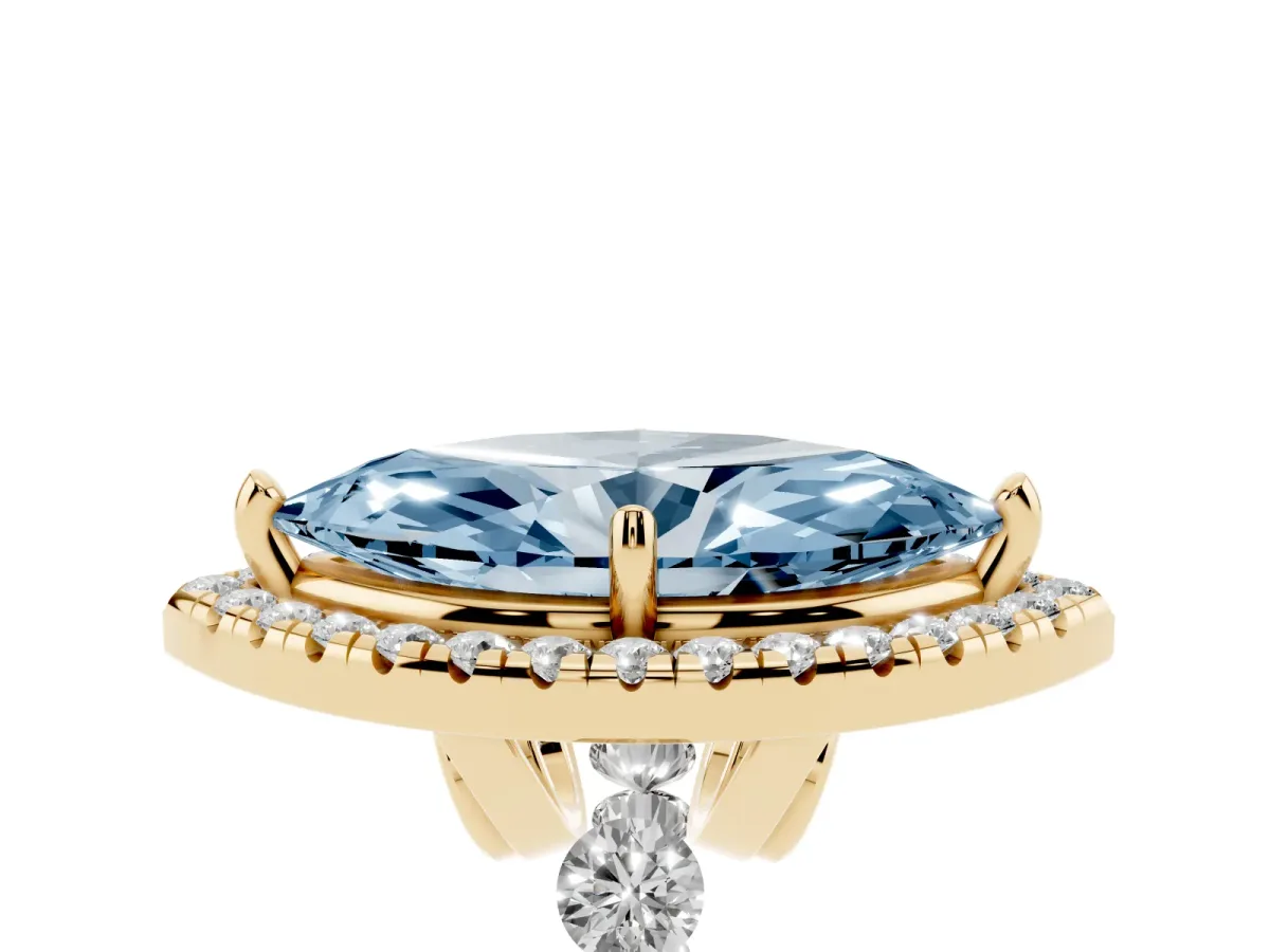 Fancy Blue Marquise Cut Halo Pavé Diamond Engagement Ring with Four-Prong Setting Yellow gold