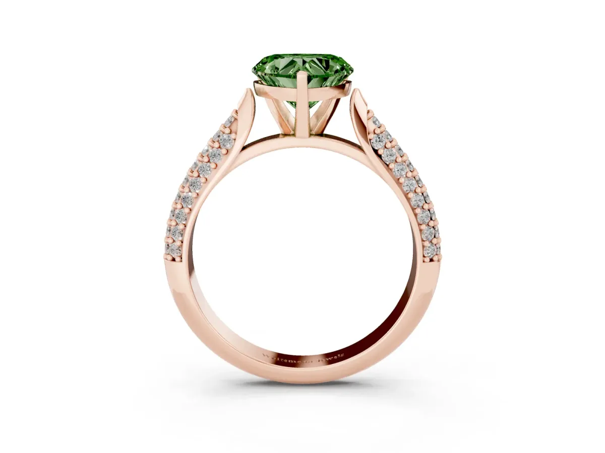 Fancy Green Heart Cut Diamond Solitaire Engagement Ring with Multi-Row Round Pavé Band and Prong Setting Rose gold