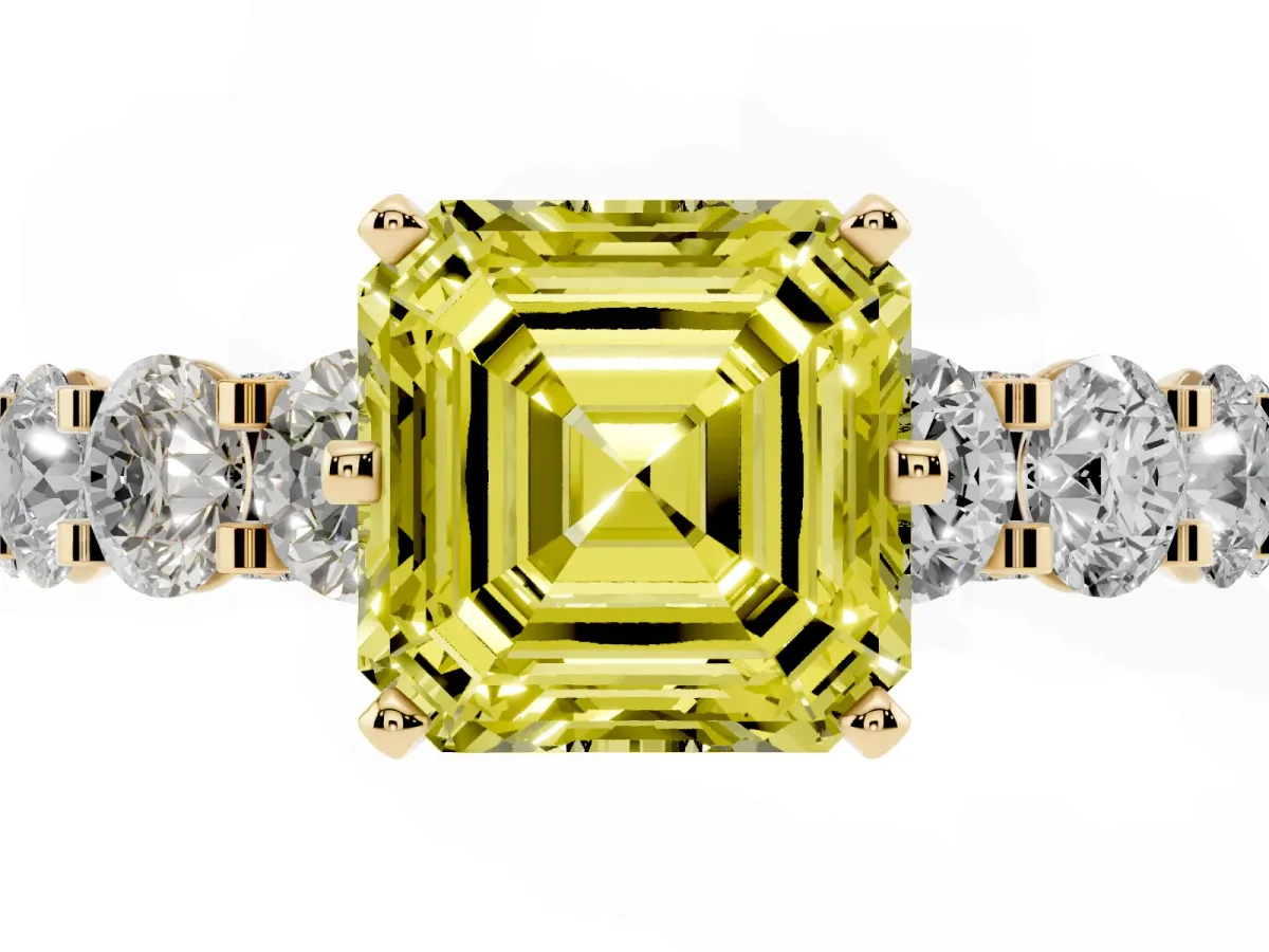 Fancy Yellow Asscher Cut Diamond Side Stone Engagement Ring with Four-Prong Setting Yellow gold