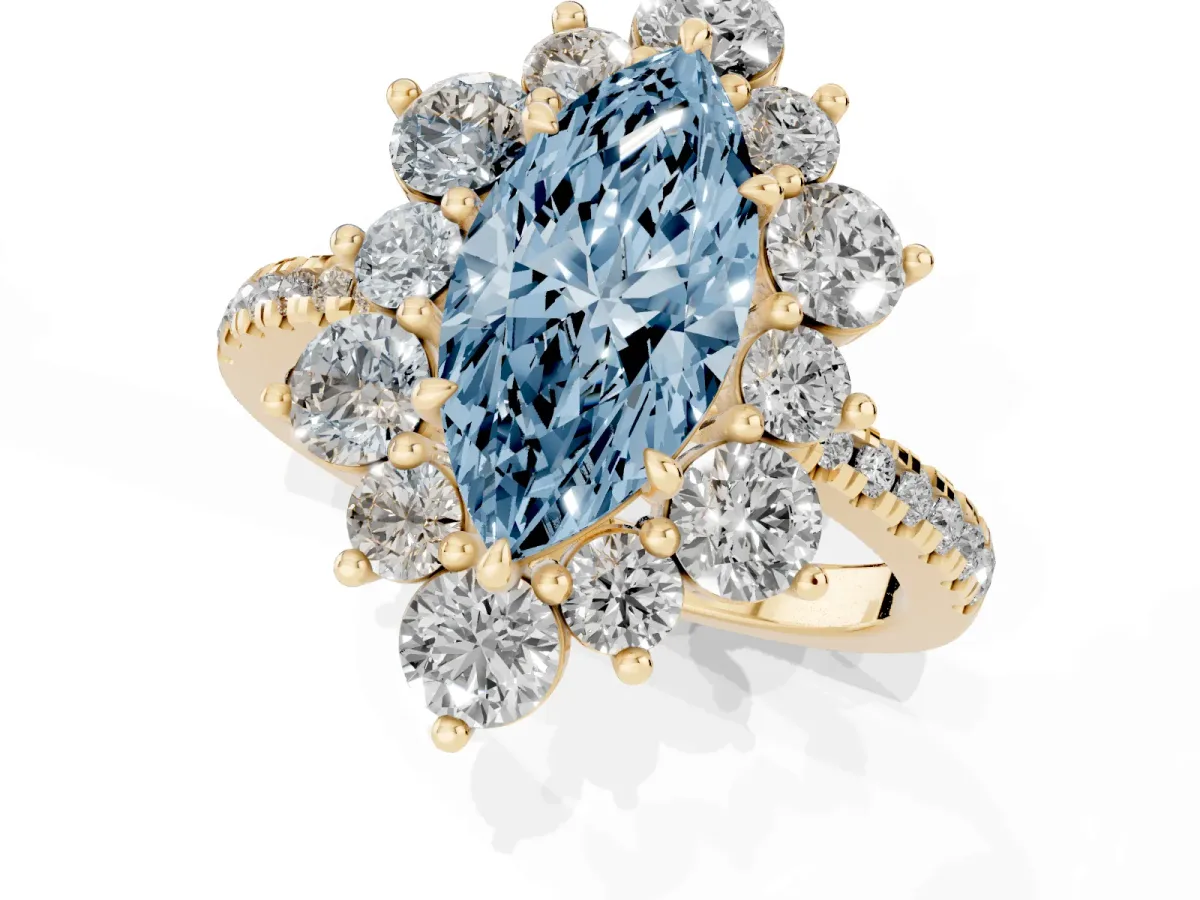 Fancy Blue Marquise Cut Diamond Floral Halo Ring with Round Pavé Band and Prong Setting Yellow gold