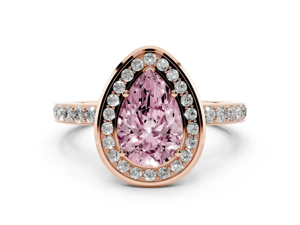 Fancy Pink Pear Cut Diamond Halo Ring with Bezel Frame and Pavé Band Rose gold