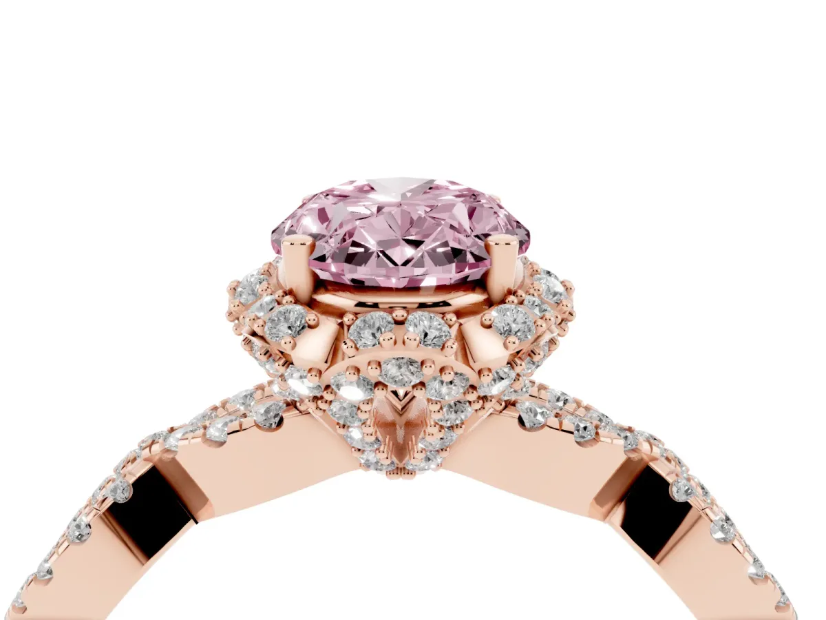 Fancy Pink Oval Cut Halo Twist Band Solitaire Ring with Six-Prong Setting Rose gold