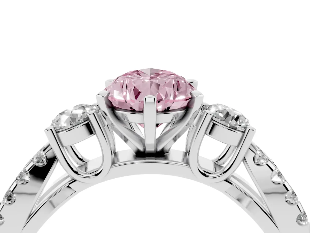 Fancy Pink Pear Cut Diamond Three-Stone Ring with Pavé Split Shank and Four-Prong Setting Silver
