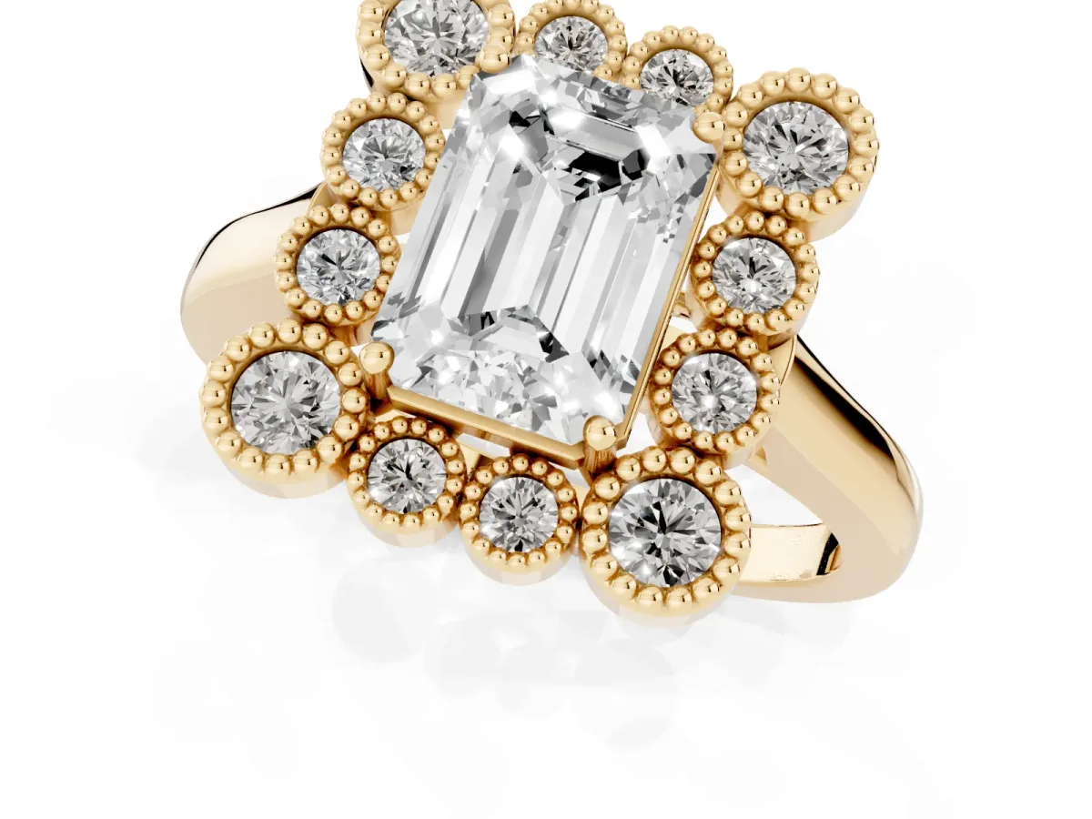 Emerald Cut Halo Diamond Cluster Engagement Ring with Milgrain Bezel Setting and Solitaire Band Yellow gold