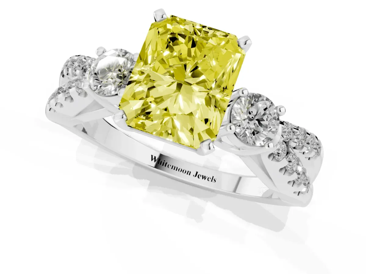 Fancy Yellow Radiant Cut Diamond Three-Stone Ring with Pavé Split Shank and Four-Prong Setting Silver