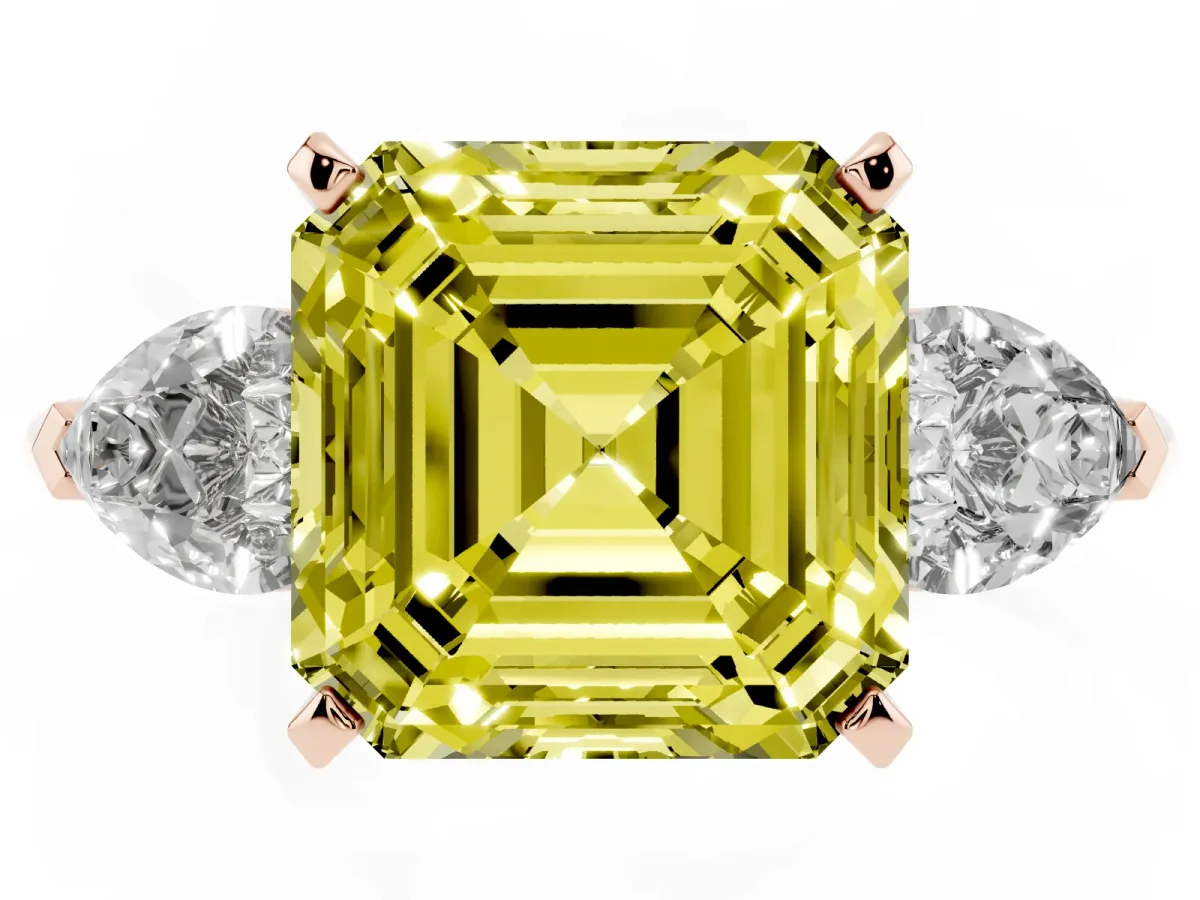 Fancy Yellow Three-Stone Asscher Cut Diamond Ring with Pear Side Stones and Four-Prong Setting Rose gold