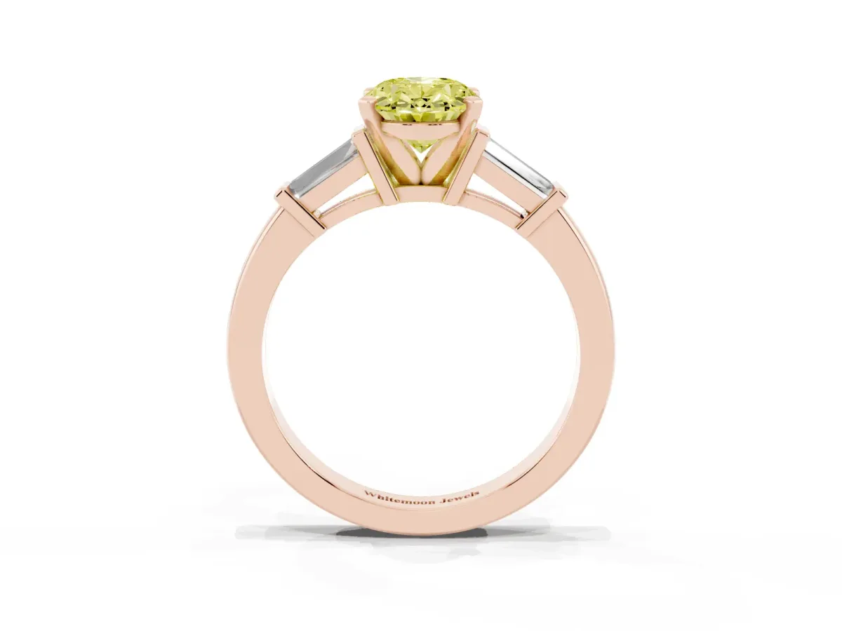 Fancy Yellow Oval Cut Cut Diamond Solitaire Ring with Tapered Baguette Accents and Four-Prong Setting Rose gold