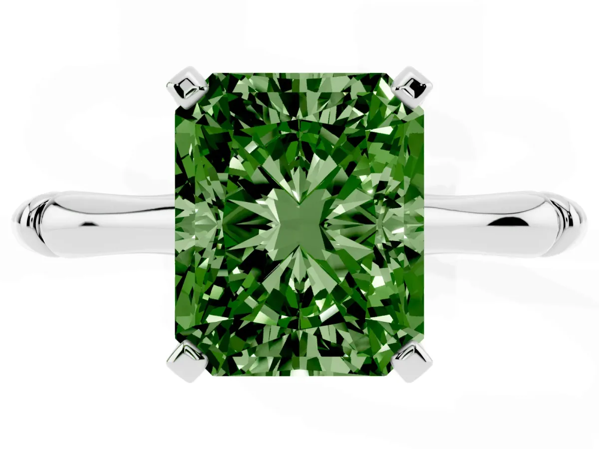 Fancy Green Radiant Cut Solitaire Diamond Ring with Bamboo Band and Four-Prong Setting Silver