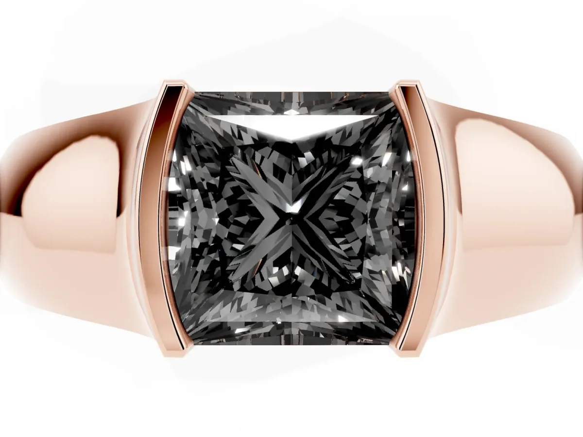 Fancy Black Princess Cut Solitaire Bezel Set Diamond Ring with Wide Band Rose gold