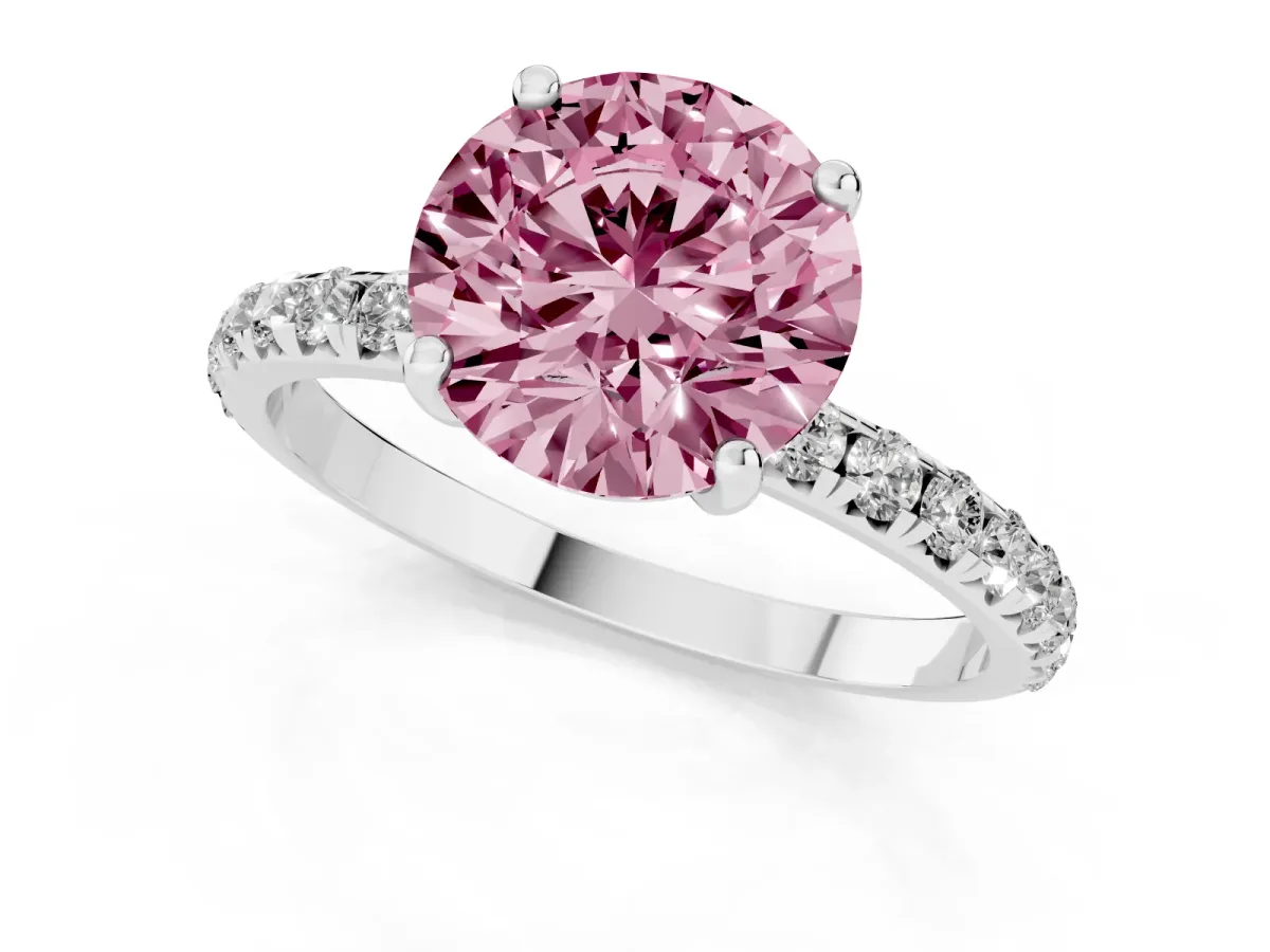 Fancy Pink Round Cut Cut Diamond Solitaire Ring with Micro Pave Band and Four Prong Setting Platinum