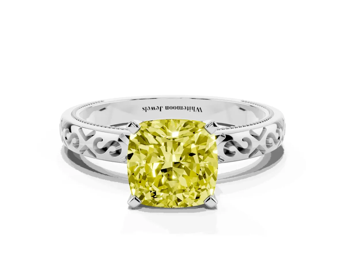 Fancy Yellow Cushion Cut Solitaire Engagement Ring with Scrollwork Band and Four-Prong Setting White gold