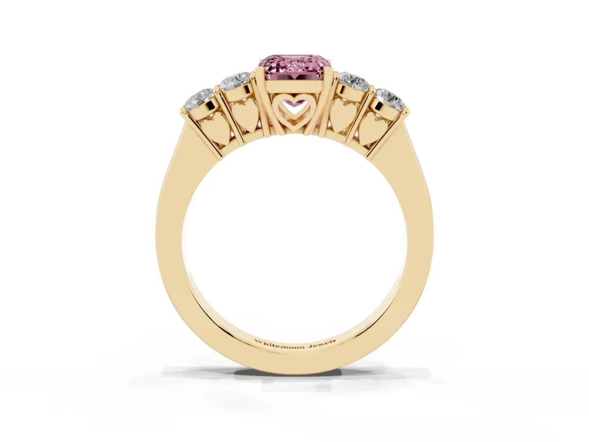 Fancy Pink Emerald Cut Cut Diamond Five-Stone Prong Set White Gold Ring Yellow gold