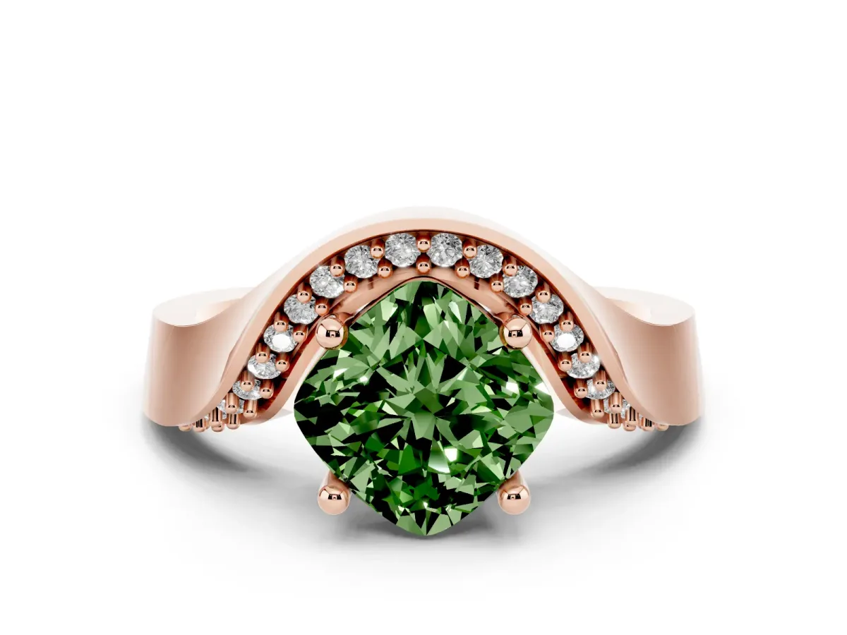 Fancy Green Cushion Cut Solitaire Diamond Engagement Ring with Pave Band and Four-Prong Setting Rose gold