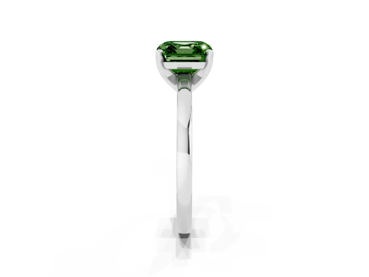 Fancy Green Asscher Cut Solitaire Diamond Engagement Ring with Four-Prong Setting on a Classic Band Silver
