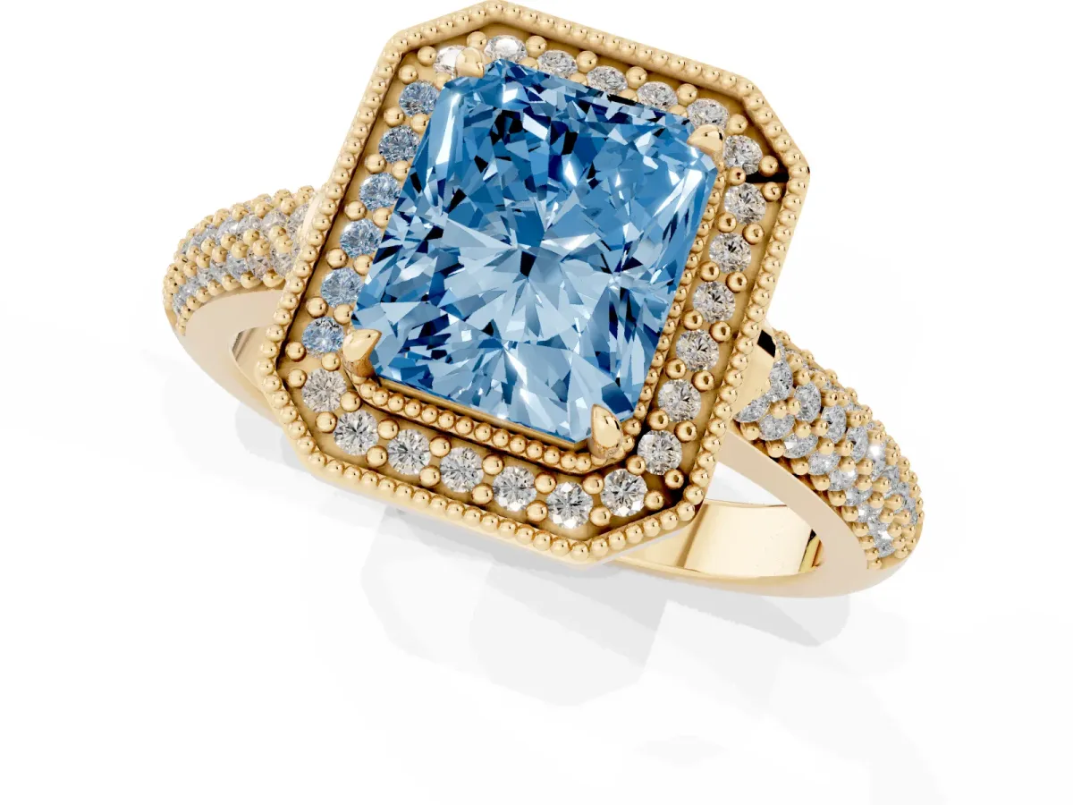 Fancy Blue Radiant Cut Cut Halo Diamond Pave Band with Four-Prong Setting Yellow gold
