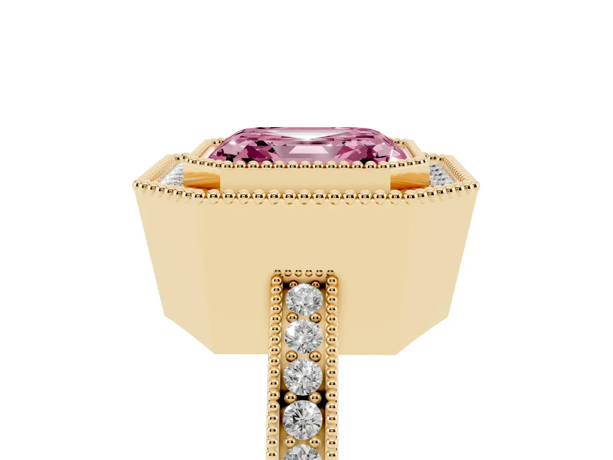 Fancy Pink Asscher Cut Cut Halo Diamond Ring with Pavé Band and Milgrain Prong Setting Yellow gold
