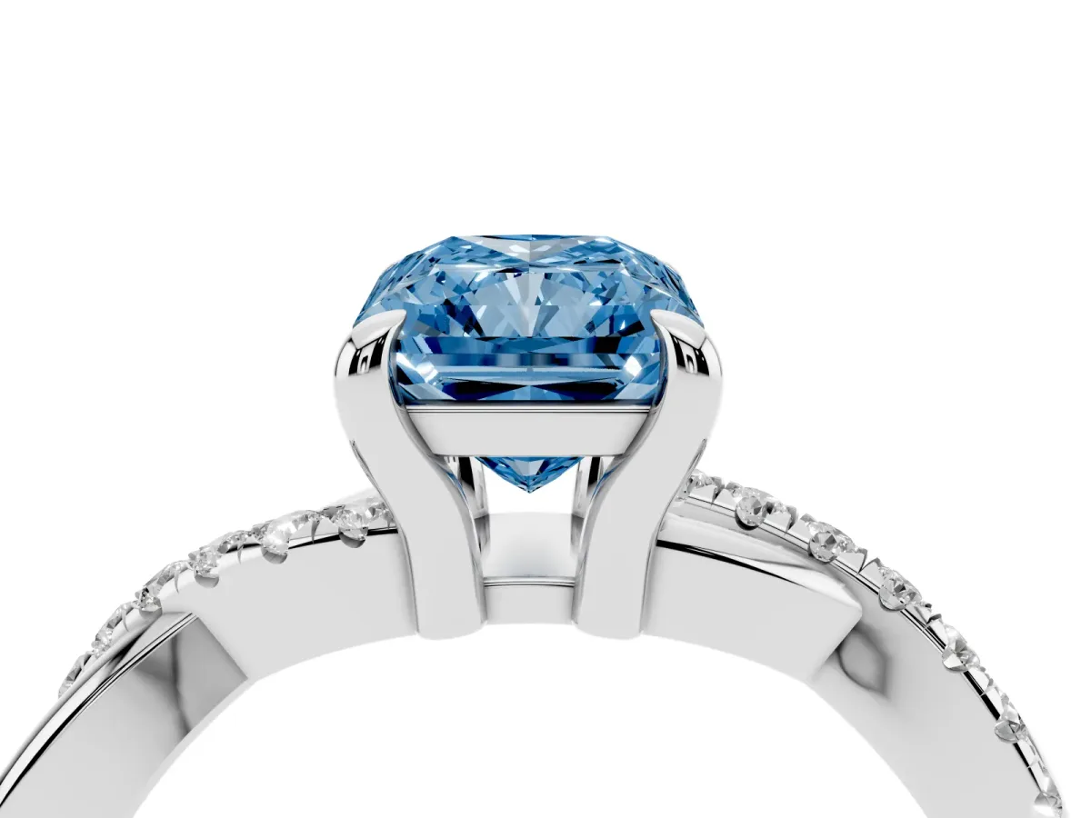 Fancy Blue Radiant Cut Cut Diamond Twist Band Solitaire with Prong Setting Silver