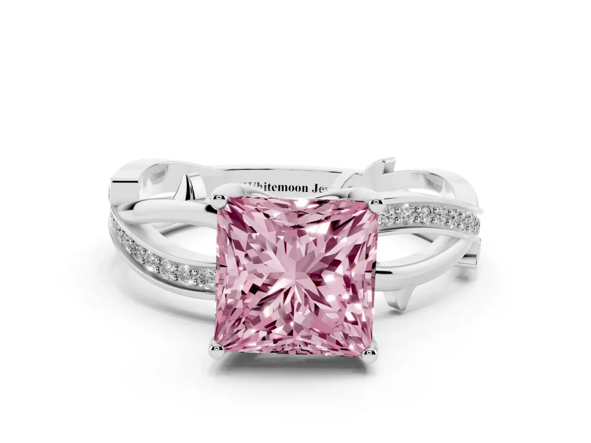 Fancy Pink Princess Cut Solitaire Twist Band with Pavé Accents and Four-Prong Setting White gold