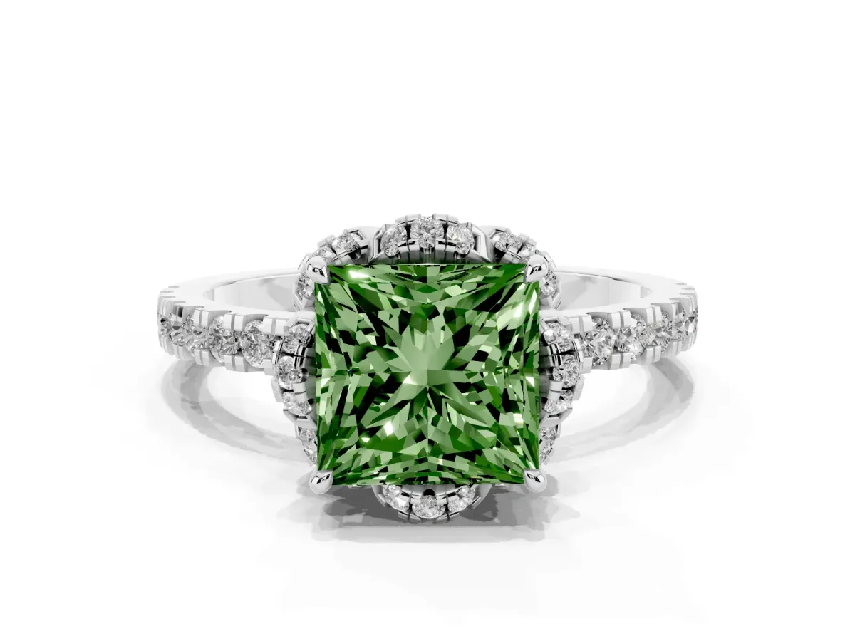 Fancy Green Princess Cut Diamond Halo Pave Band with Four-Prong Setting Platinum