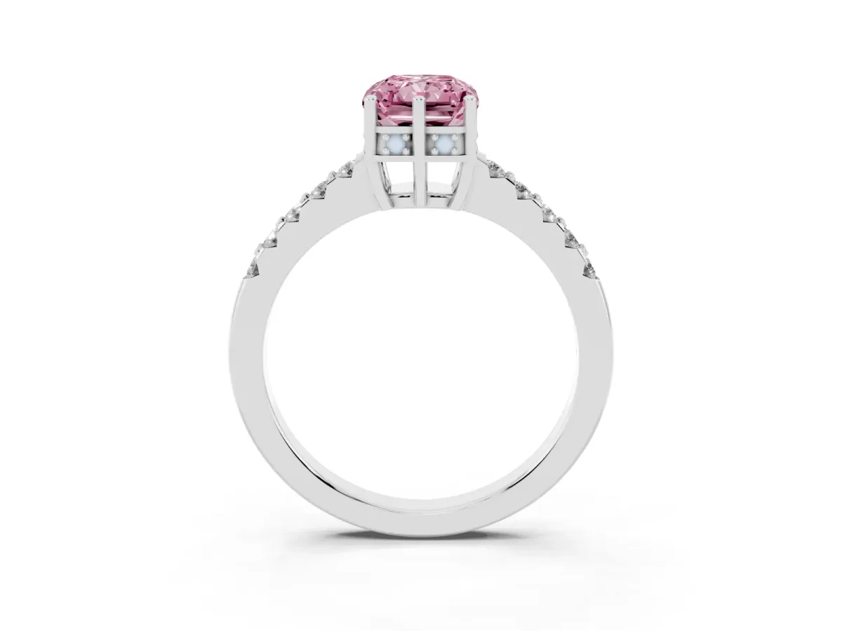 Fancy Pink Radiant Cut Solitaire Diamond Engagement Ring with Pavé Band and Six-Prong Setting Silver