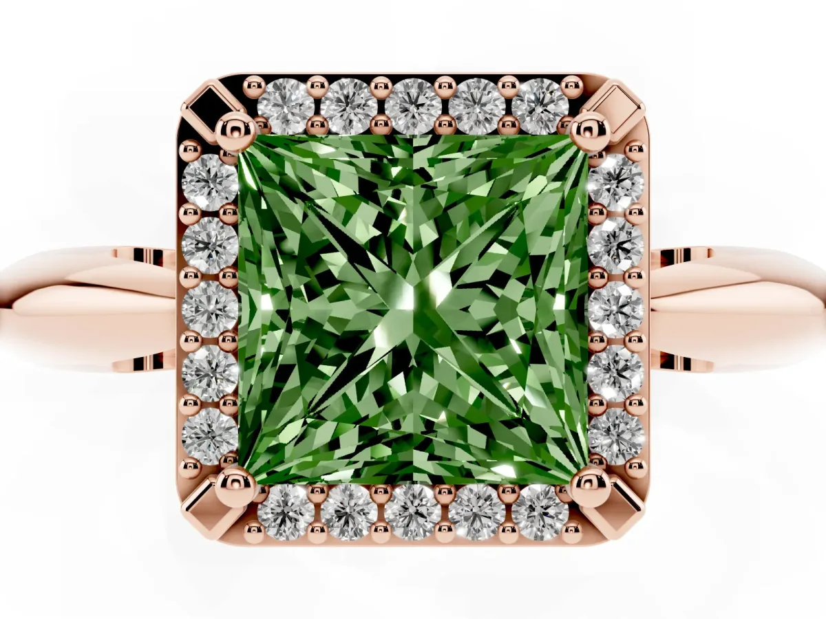 Fancy Green Princess Cut Cut Diamond Halo Engagement Ring with Split Shank and Four-Prong Setting Rose gold