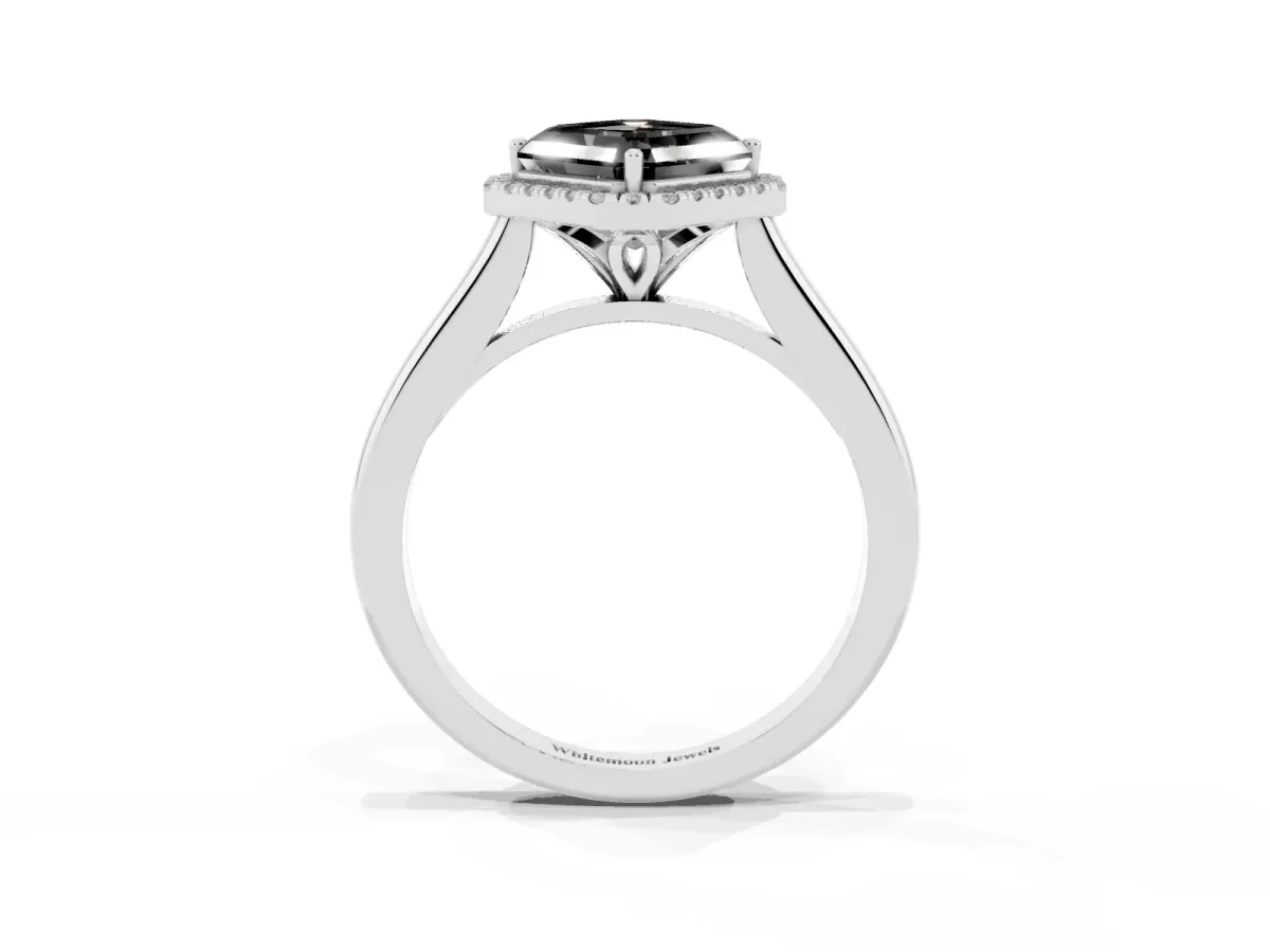 Fancy Black Asscher Cut Halo Round Diamond Solitaire Engagement Ring with Pave Band and Four-Prong Setting Platinum