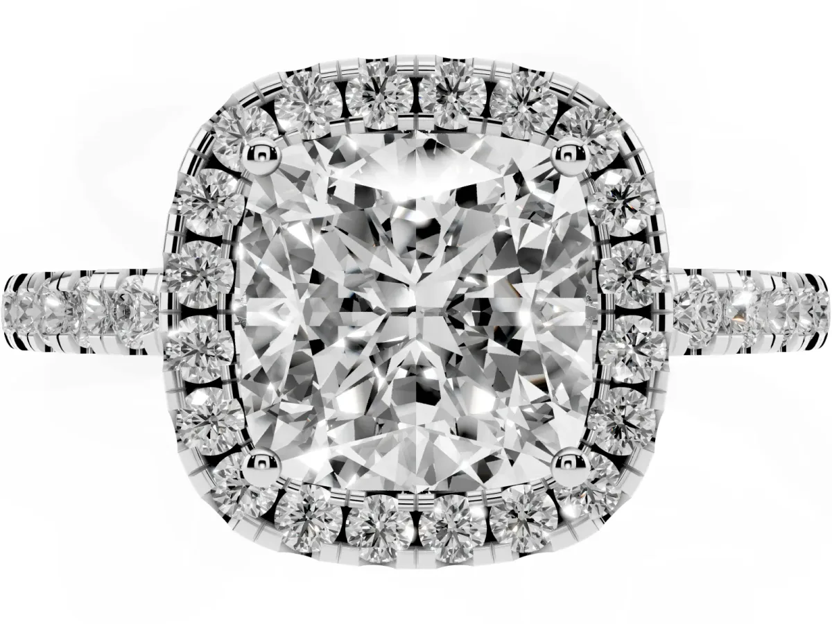 Cushion Cut Halo Diamond Engagement Ring with Pavé Band and Four-Prong Setting Silver