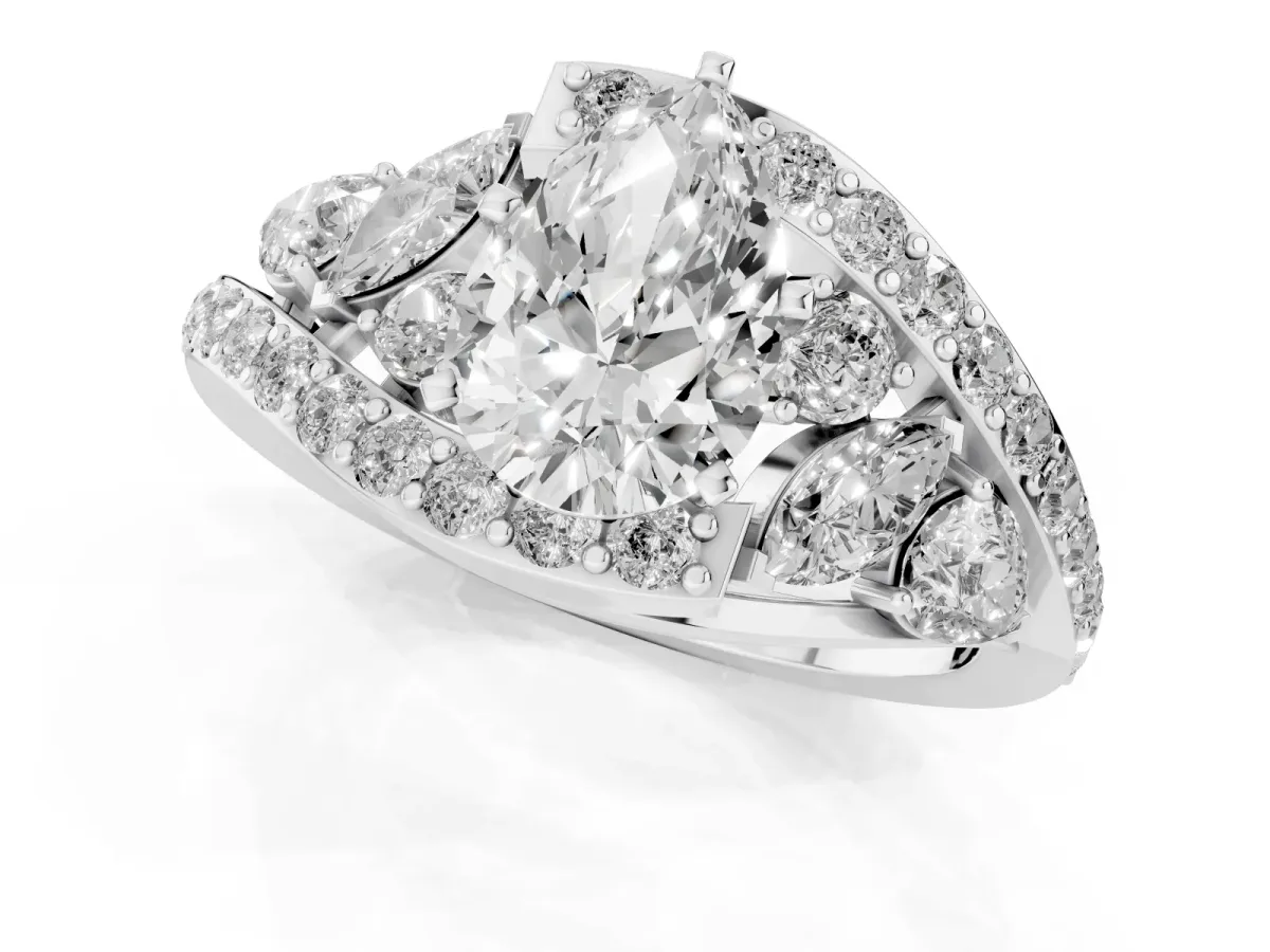 Pear Cut Diamond Halo Ring with Marquise and Pavé Band in Prong Setting Platinum