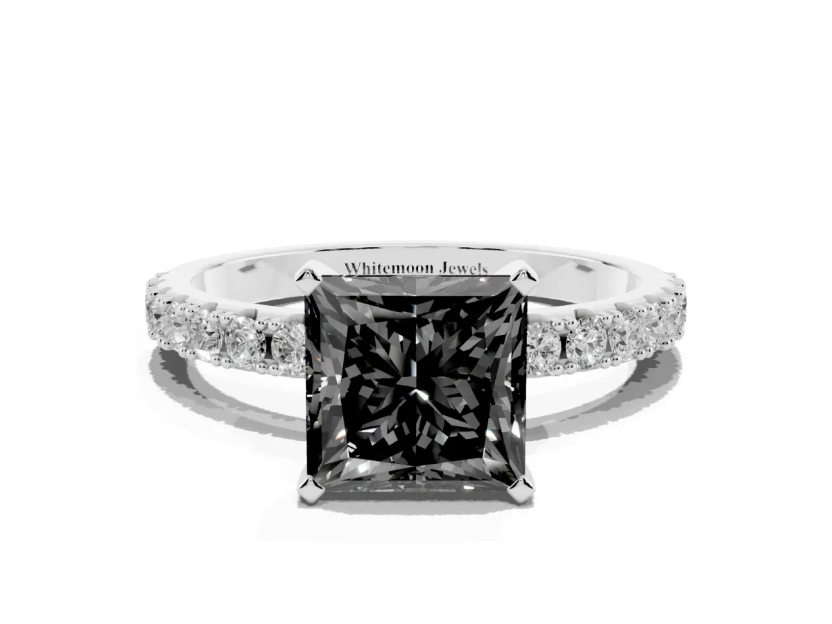 Fancy Black Princess Cut Diamond Solitaire Pavé Band with Four-Prong Setting Silver