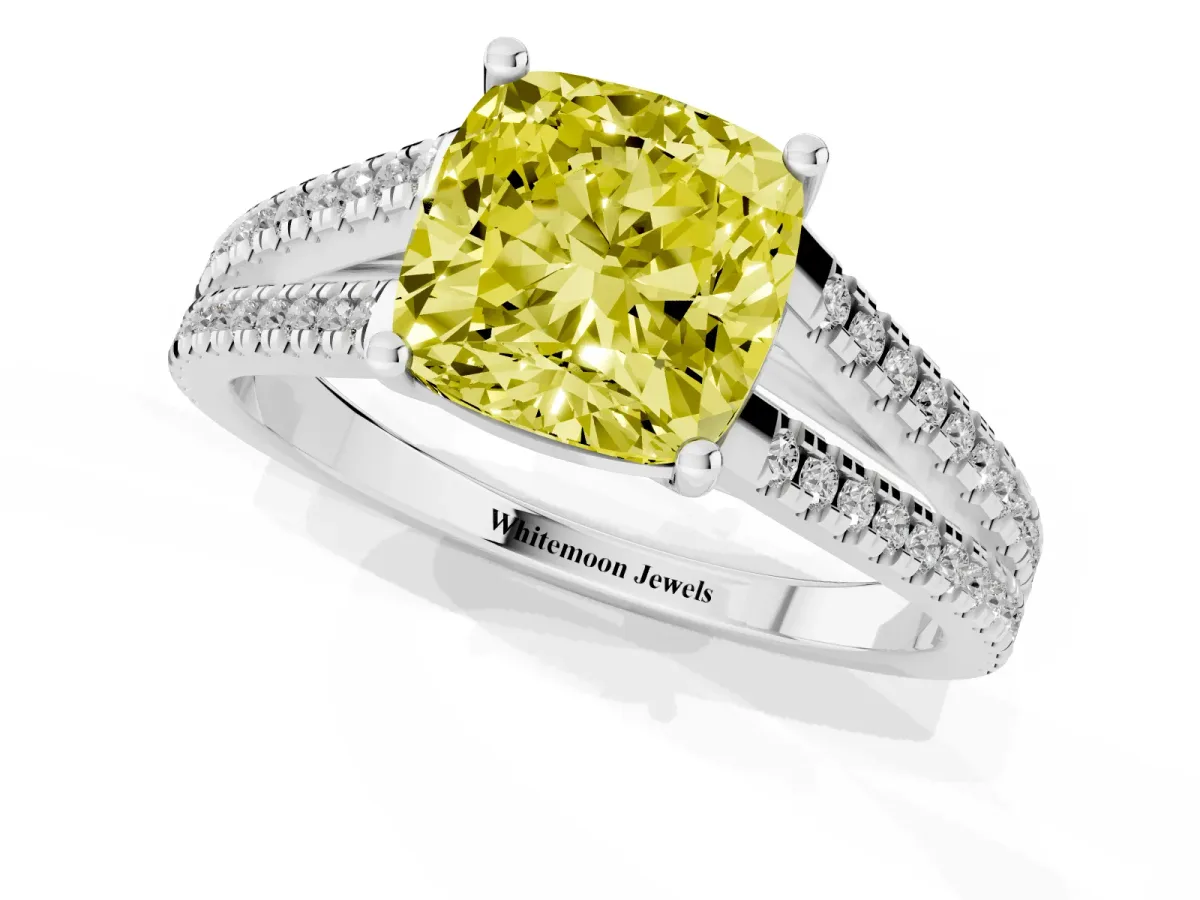 Fancy Yellow Cushion Cut Diamond Solitaire Engagement Ring with Split Shank Pavé Band Silver