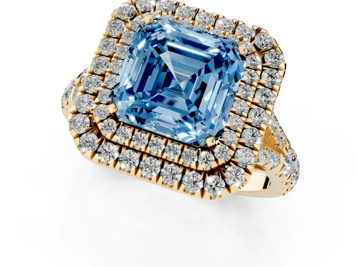 Fancy Blue Asscher Cut Cut Double Halo Split Shank Diamond Ring with Prong Setting Yellow gold