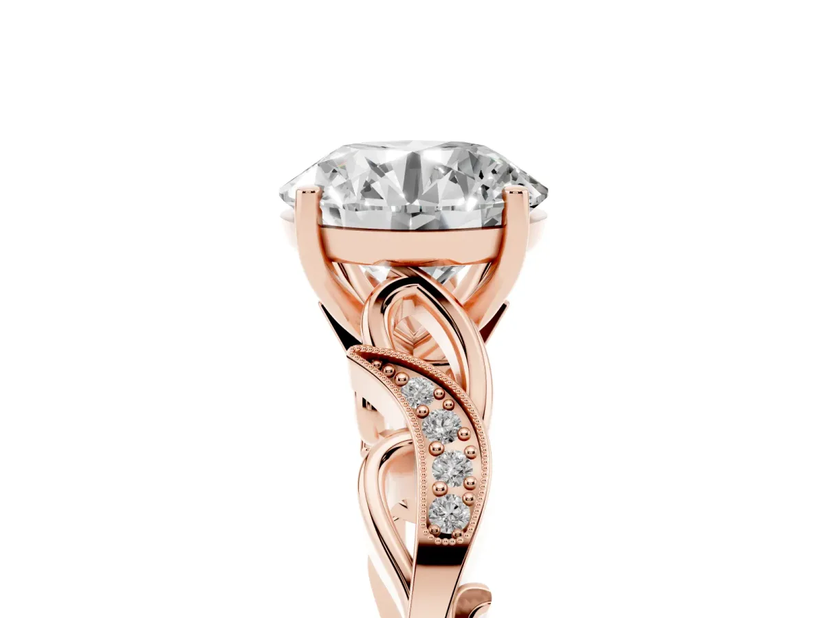 Round Cut Solitaire Vine Band with Milgrain Prong Setting Rose gold