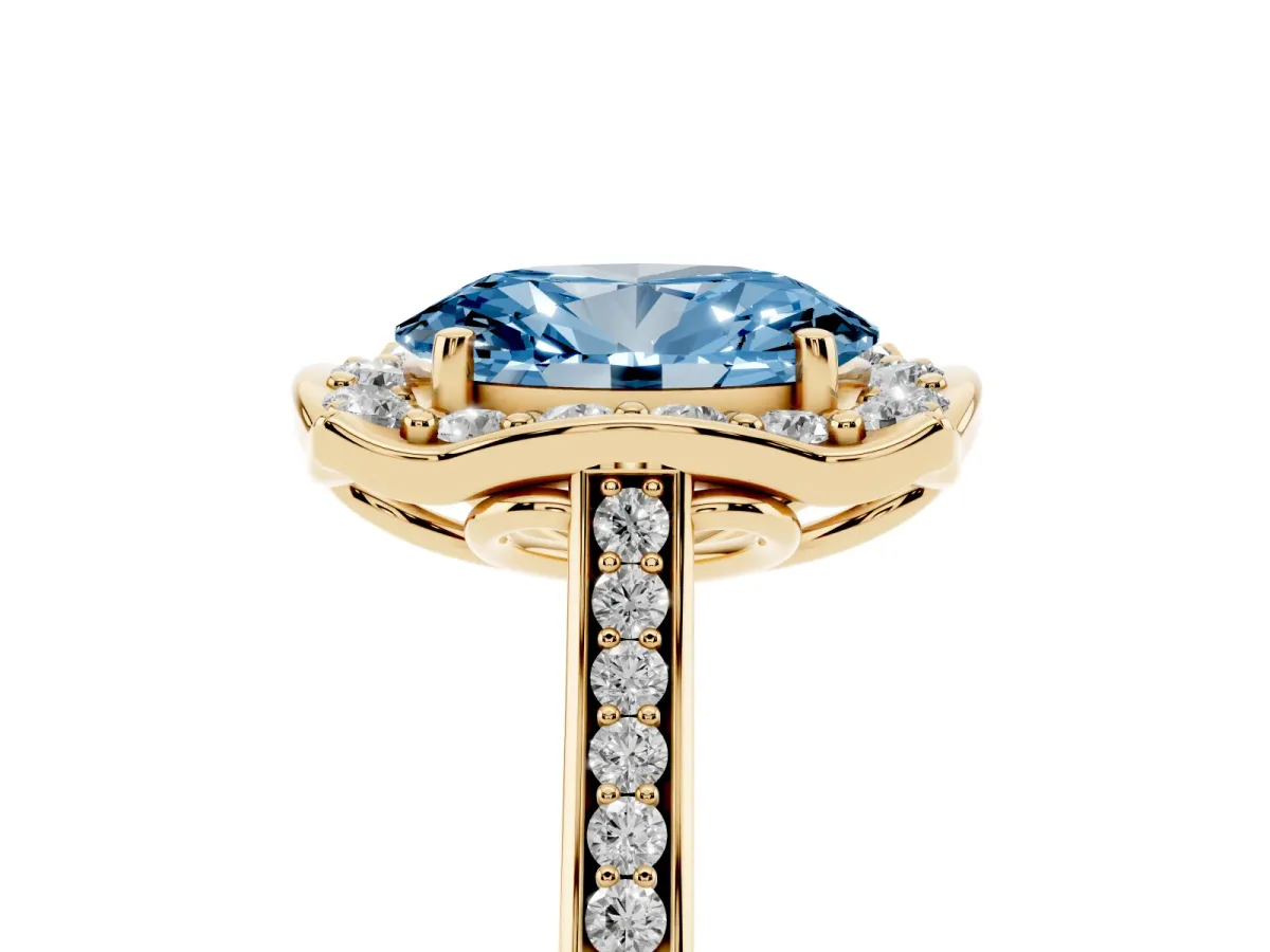 Fancy Blue Oval Cut Halo Round Diamond Pave Band with Four-Prong Setting Yellow gold