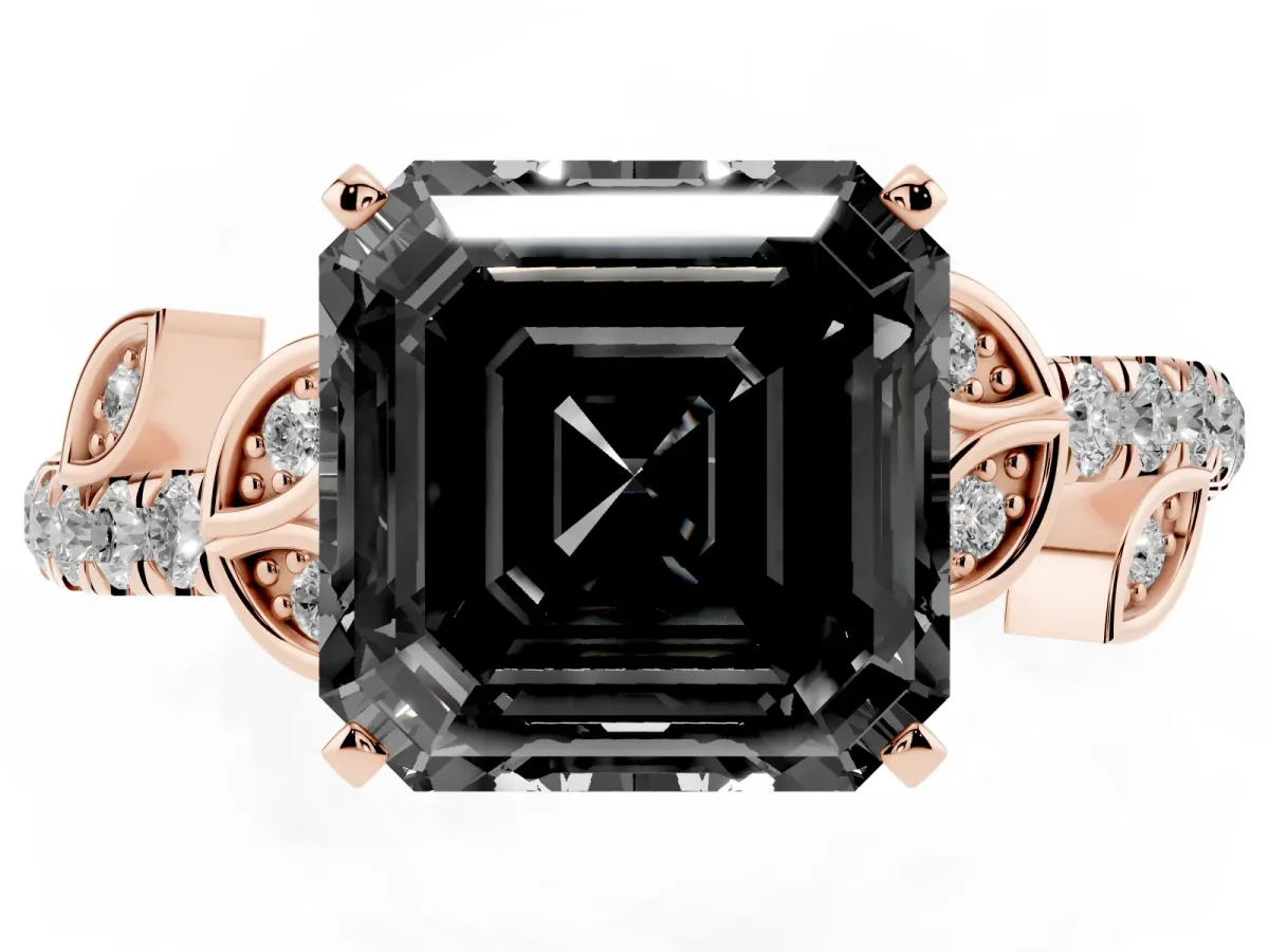 Fancy Black Asscher Cut Solitaire Leaf-Inspired Diamond Ring with Pavé Band and Four-Prong Setting Rose gold