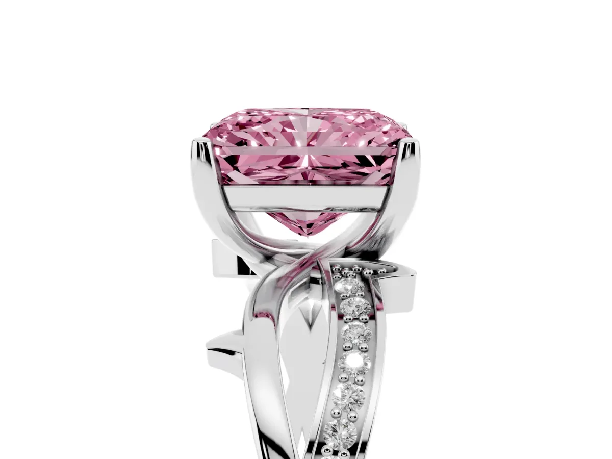 Fancy Pink Radiant Cut Solitaire Twist Band with Pavé Accents and Four-Prong Setting Silver