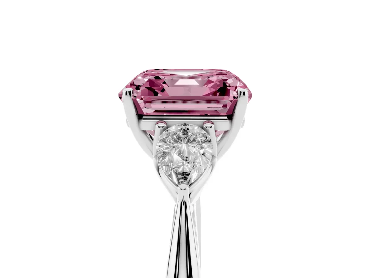 Fancy Pink Three-Stone Asscher Cut Diamond Ring with Pear Side Stones in Four-Prong Setting Silver