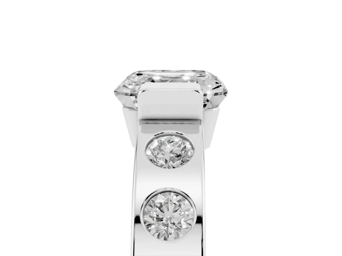 Asscher Cut Brilliant Channel-Set Diamond Ring with Bezel Prong Setting Silver