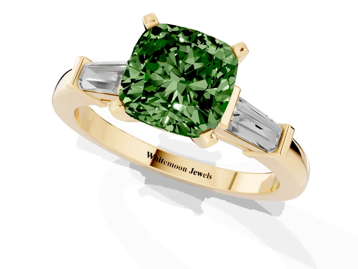 Fancy Green Cushion Cut Cut Diamond Solitaire Ring with Tapered Baguette Accents and Four-Prong Setting Yellow gold